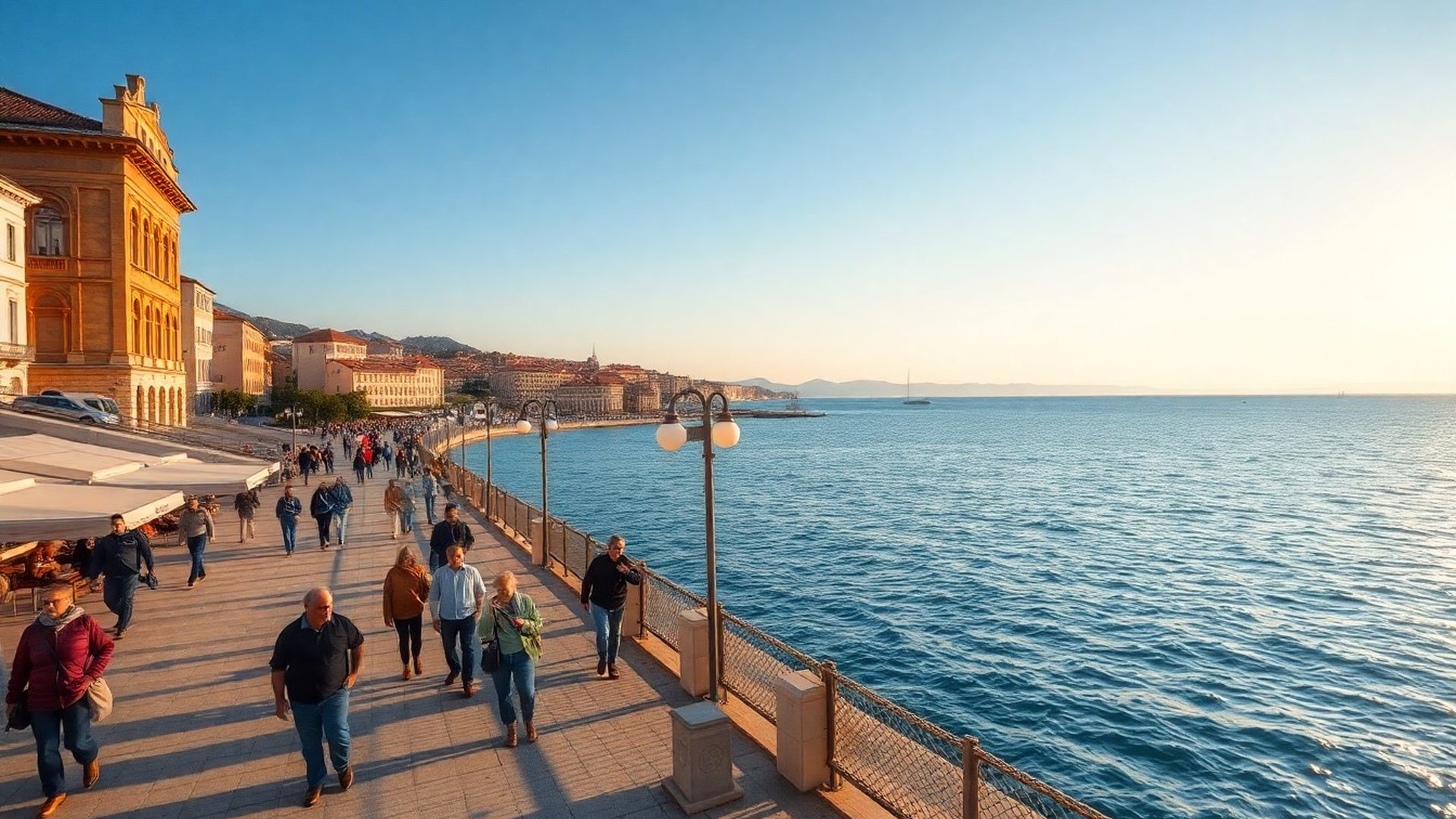 Splitska riva u zlatnom satu s pogledom na azurni Jadran
